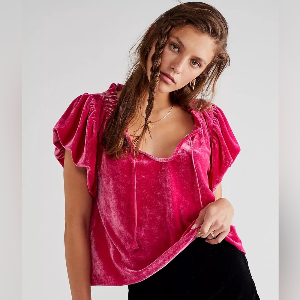Free People Terese Hot Pink Velvet Tie-Neck Women’s Top